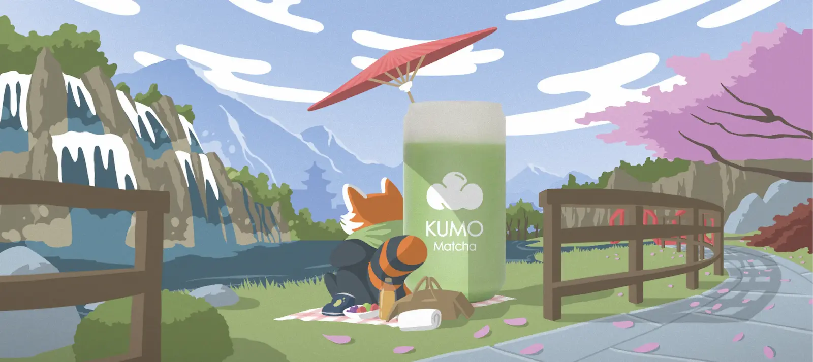 Cartoon character with a KUMO umbrella in a scenic outdoor setting with mountains and cherry blossoms.