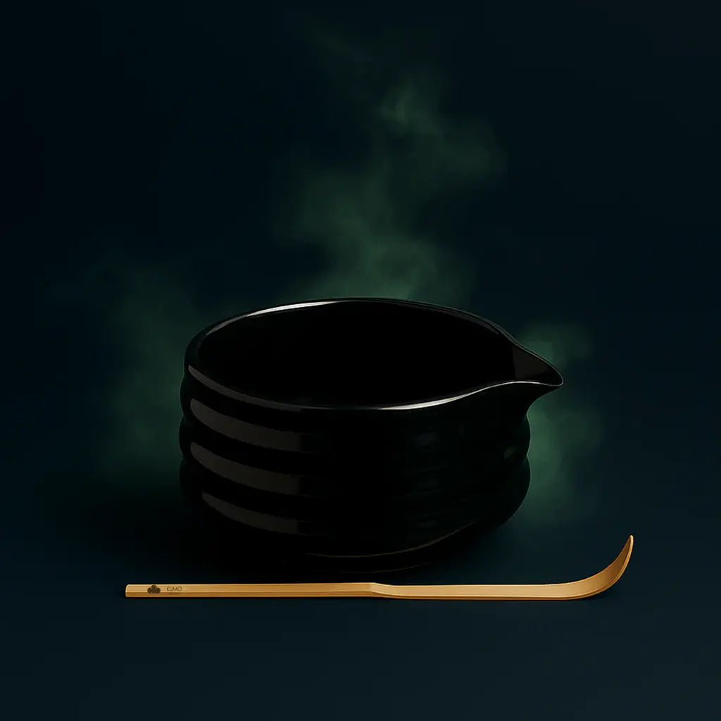 Black ceramic bowl with a wooden ladle on a dark background