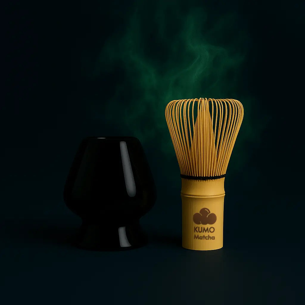 Yellow whisk and black container with 'KUMO Matcha' branding on a dark background