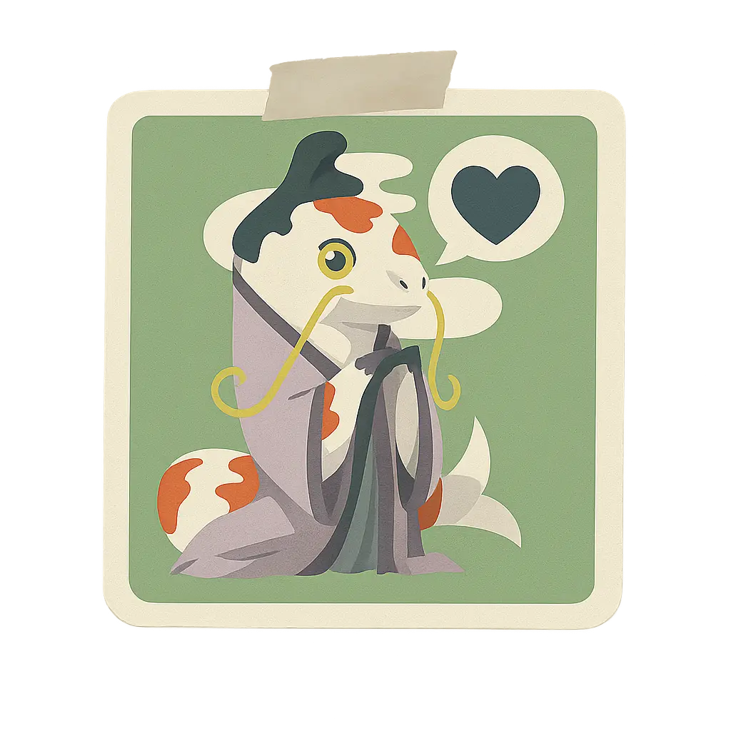 Illustration of a fish-like character in a kimono with a heart symbol on a green background