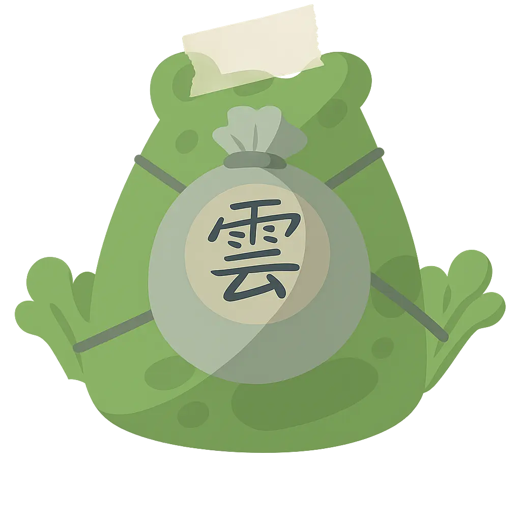 Green bag with a coin and Chinese character on a white background