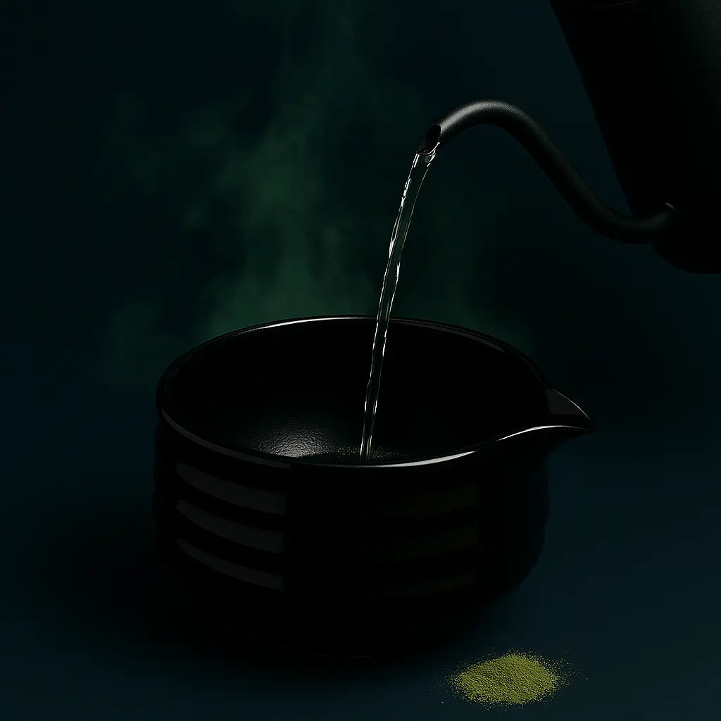 Tea being poured into a black teapot with a dark background