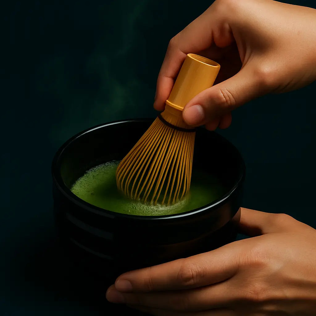 Hand using a wooden whisk to stir green tea in a black bowl against a dark background
