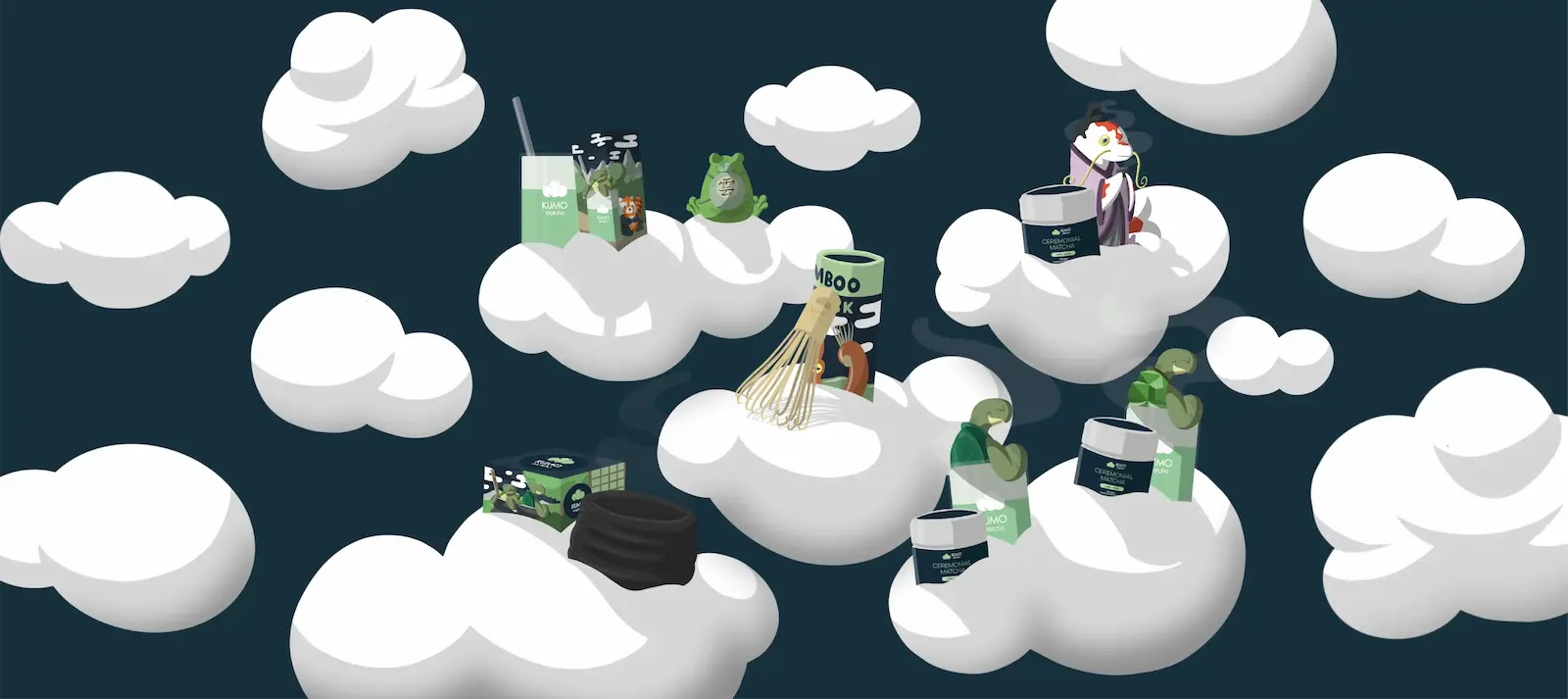 Illustration of people and items on fluffy white clouds against a dark blue background