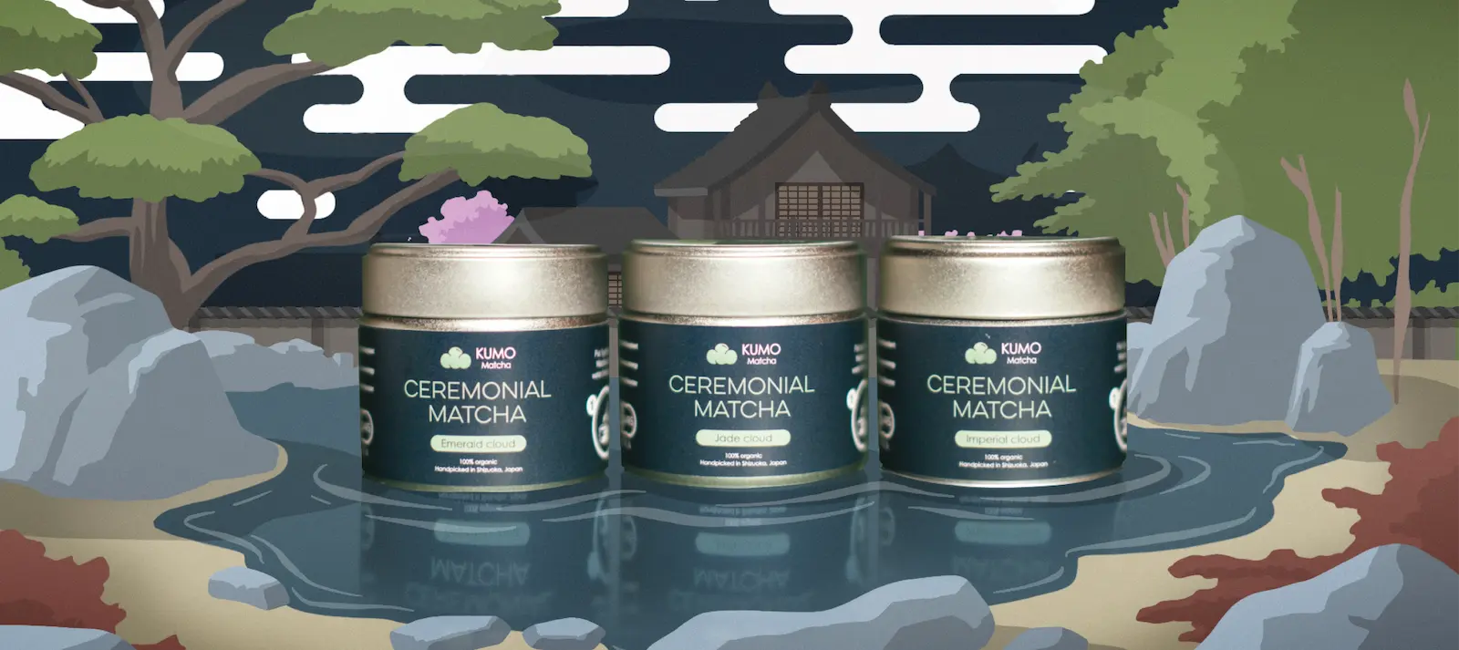 Three tins of ceremonial matcha with a scenic background