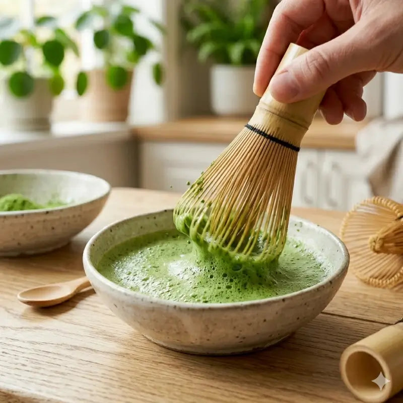 Person using a bamboo whisk to mix green matcha powder in a bowl on a wooden table.