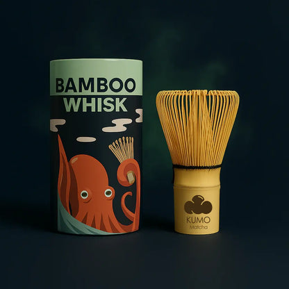 Bamboo whisk with packaging labeled 'Bamboo Whisk' and 'KUMO Matcha' on a dark background
