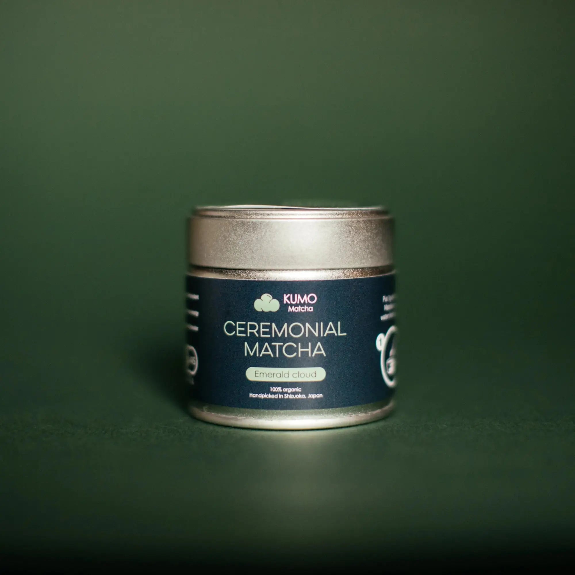 Emerald Cloud Ceremonial Matcha container on a green background