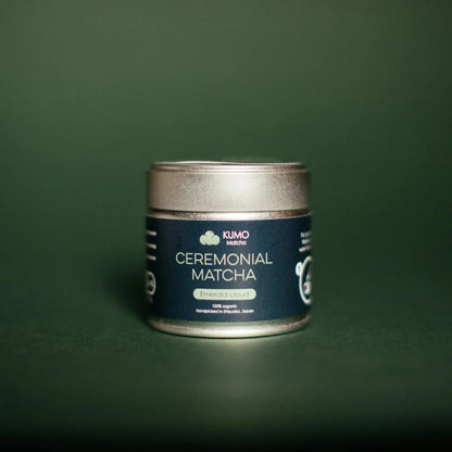 Emerald Cloud Ceremonial Matcha container on a green background