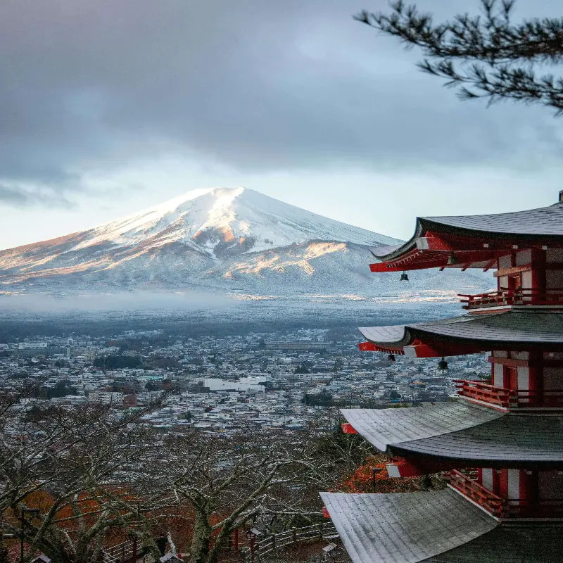 Traditional Japanese temple with Mount Fuji in the background