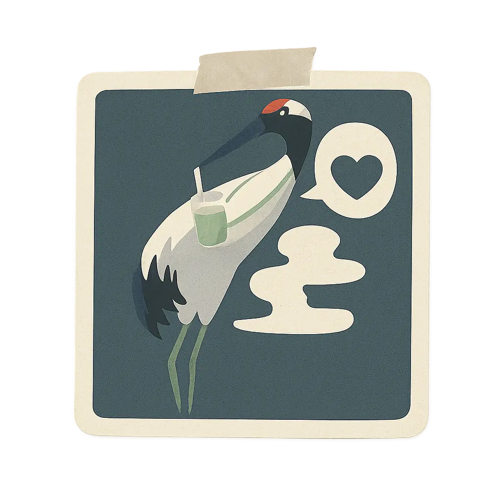 Illustration of a crane holding a cup with a heart-shaped cloud in the background