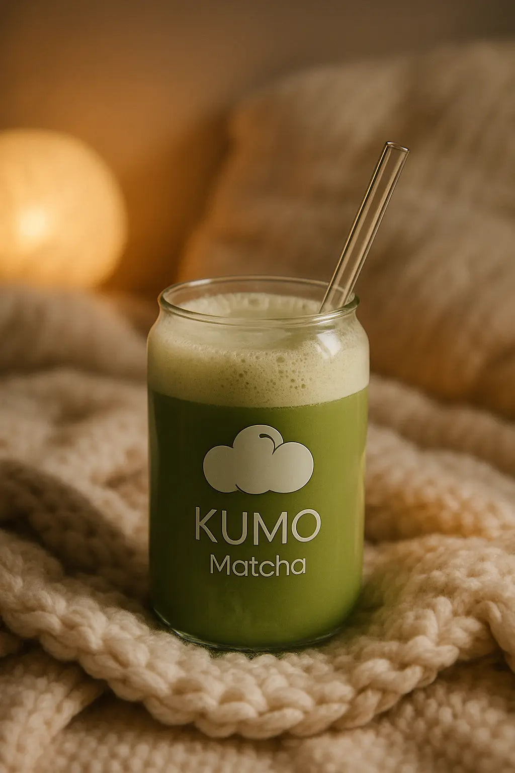 Green Kumo Matcha drink in a glass jar with a straw on a textured surface.