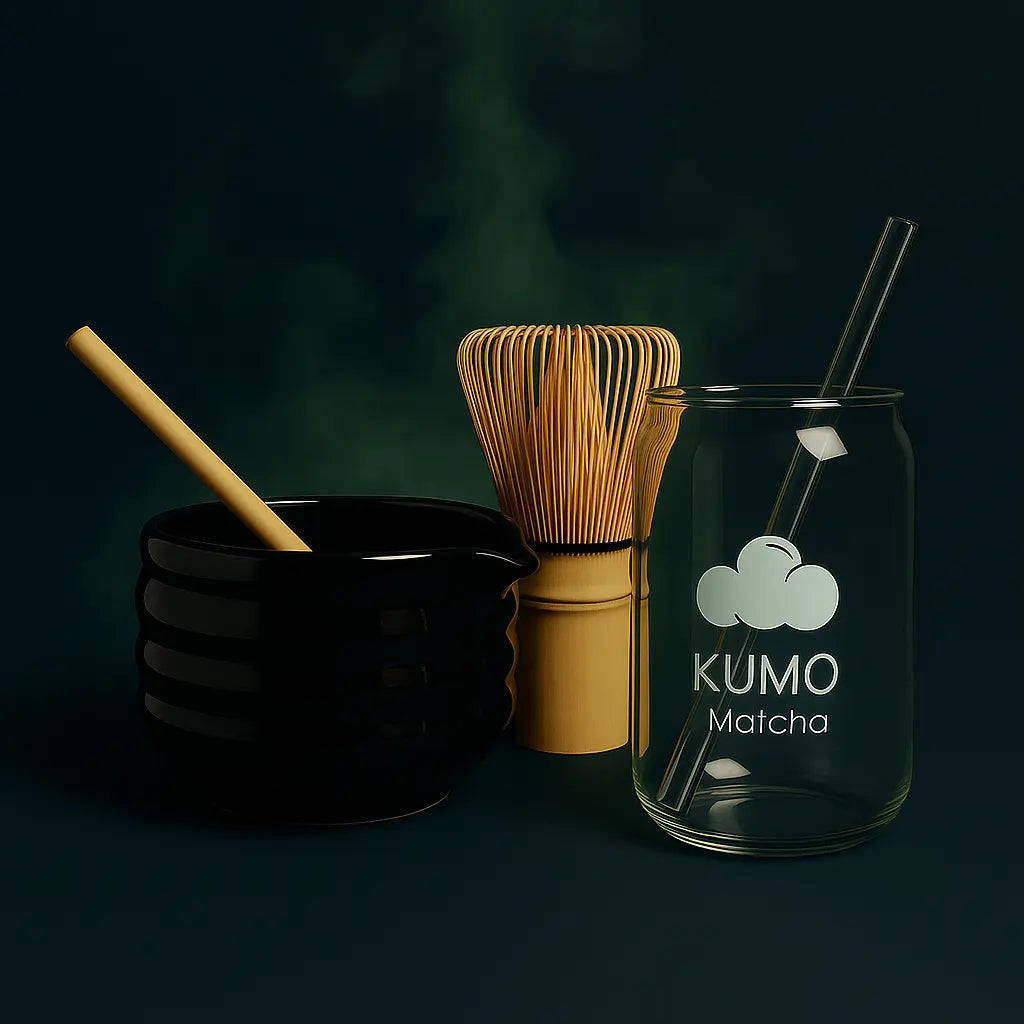 Kumo Matcha glass with whisk and bowl on a dark background