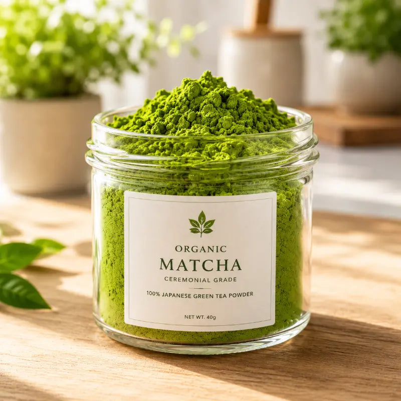 Jar of organic matcha green tea powder on a wooden surface with plants in the background